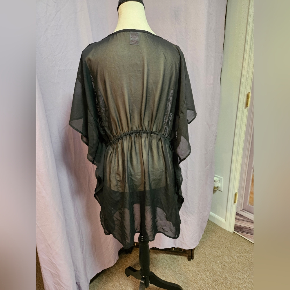 Black Sheer Beach Coverup with Geometric Lace - Picture 2 of 7